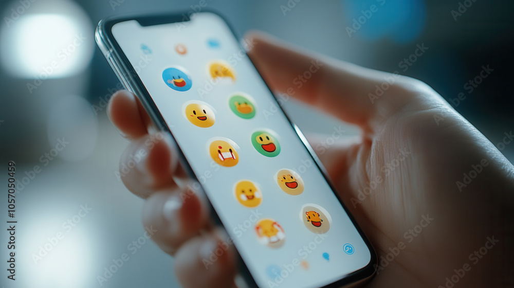 Poster hand holding smartphone displaying playful emoji interface with various expressions. vibrant emojis 