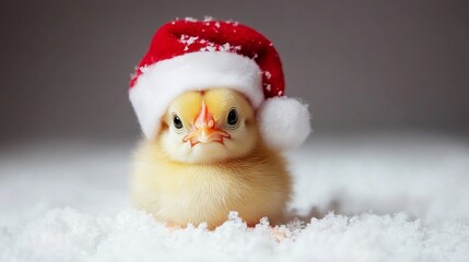 Obraz premium A cute chick wearing a Santa hat in a snowy setting.