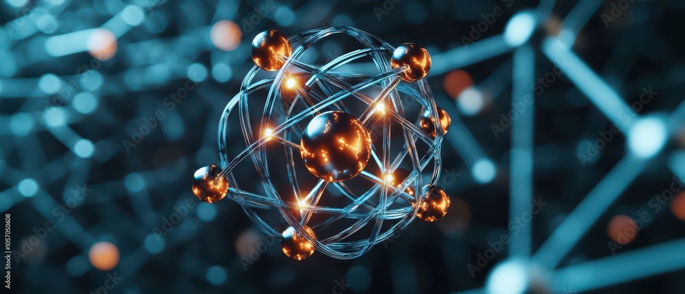 Poster a 3d representation of a molecular structure with glowing particles against a dark background.
