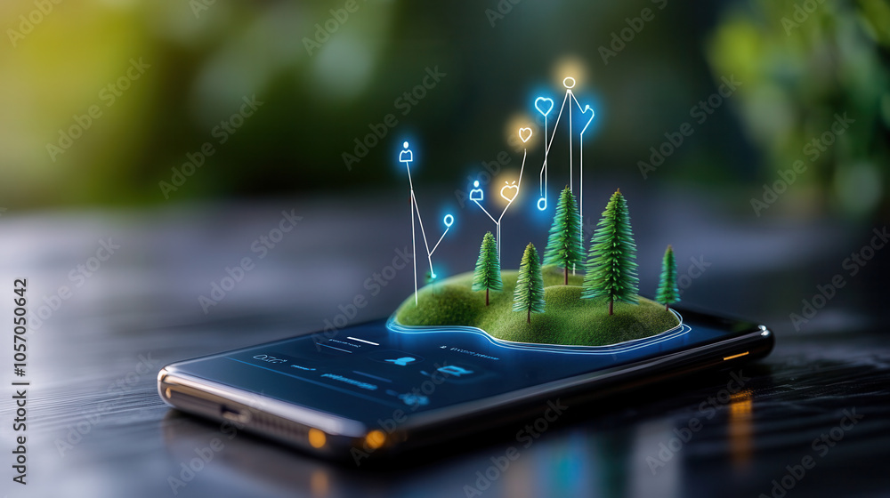 Poster mobile app interface displaying playful radar with trees and icons, showcasing blend of technology a