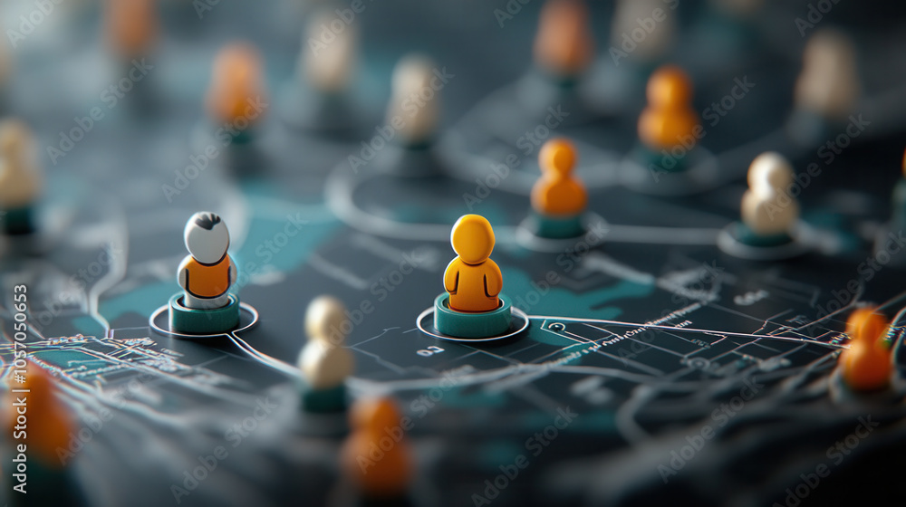Poster colorful map with playful figures representing users, showcasing interaction and connectivity in dig
