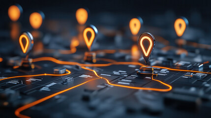 digital map interface featuring glowing location markers and pathways, showcasing modern navigation system. vibrant orange highlights create dynamic and engaging visual experience