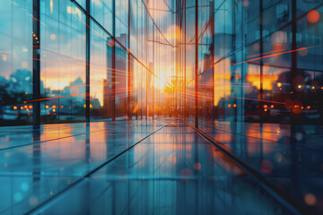 Fototapeta premium The office space of a glass wall business center with shiny space and a blurred abstract background.