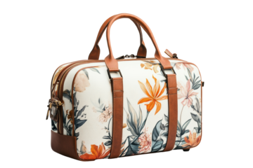 Stylish floral duffel bag with leather accents on a white isolate background.