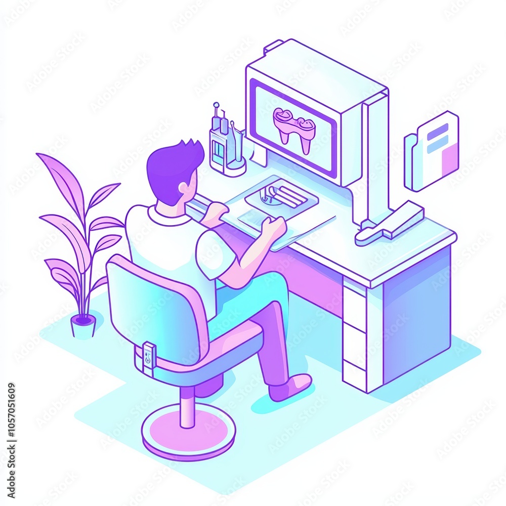 Poster a professional working at a modern desk with a computer and dental tools in a bright office setting.