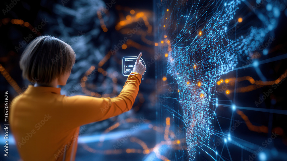 Poster person interacting with digital interface displaying radar map, showcasing vibrant data visualizatio