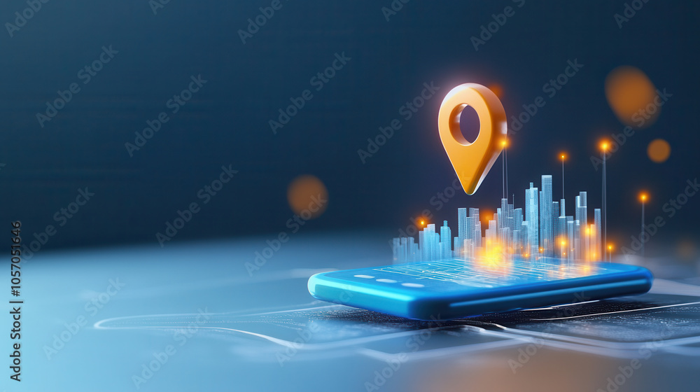 Poster vibrant user interface featuring radar map pin on smartphone, showcasing data visualization and loca