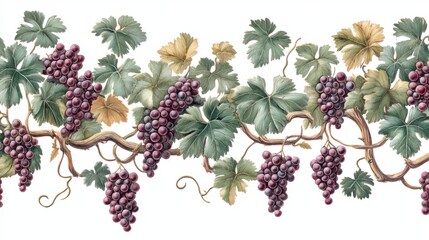 Vintage mural with intricate grapevine patterns, inspired by Roman feasts and gardens, isolated on white