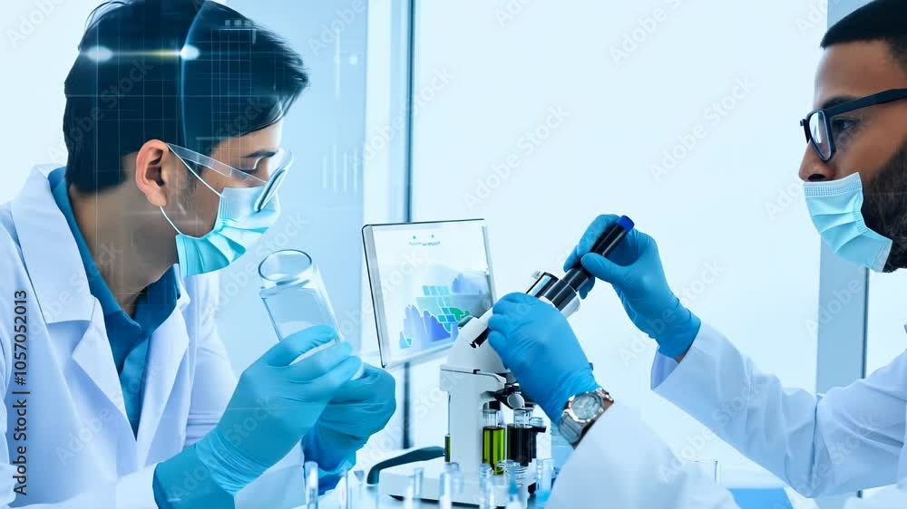 Poster group of researchers analyzing virus and dna structures in a state-of-the-art laboratory environment