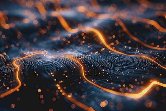 Futuristic circuit board layout Delicate crypto mining symbols Abstract digital landscape.