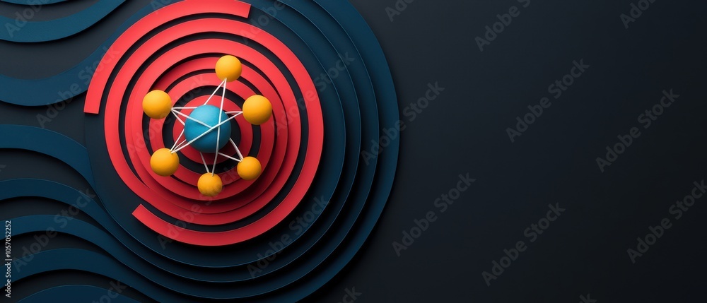 Poster abstract model of atom with colorful orbits on dark background.
