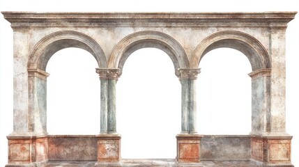 Vintage mural with Roman arches and fresco-style painting, capturing classical beauty, isolated on white