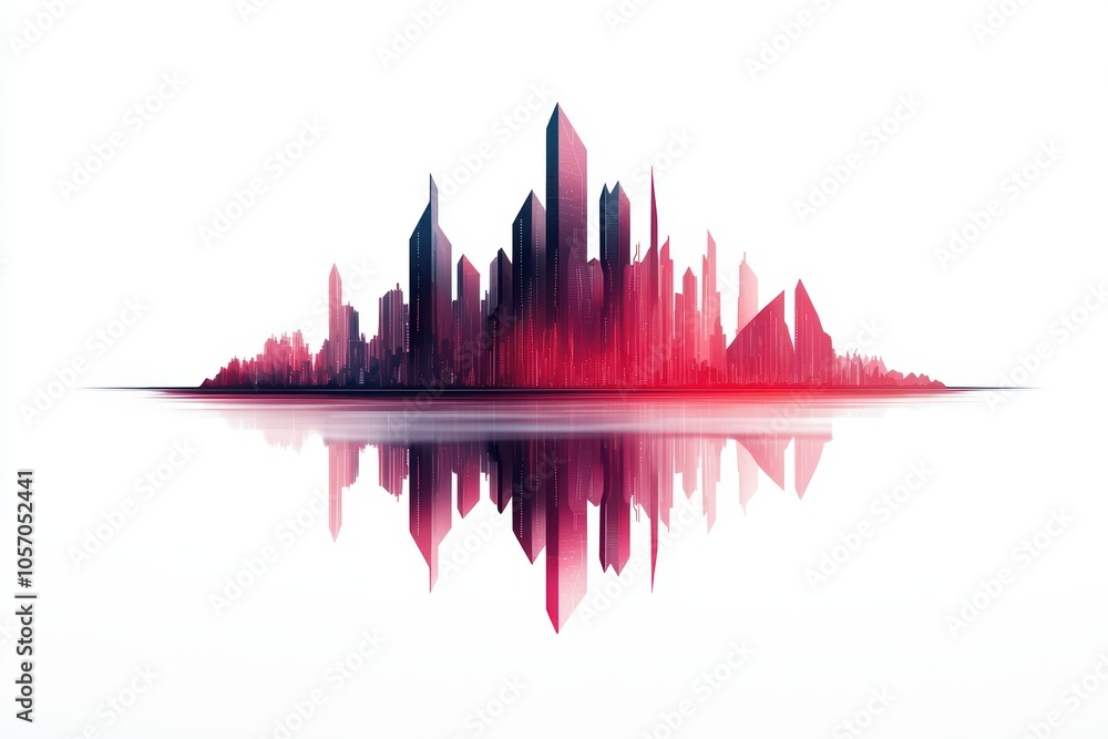 Poster abstract skyline with towering structures and vibrant colors, reflecting on a smooth surface, white 