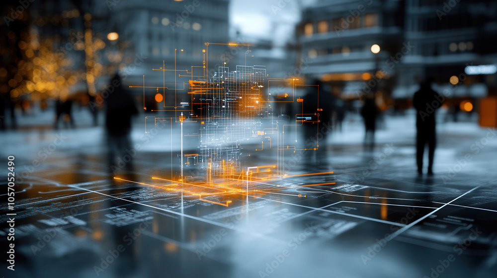 Poster engaging digital map view with radar interface showcasing urban data visualization. scene captures f