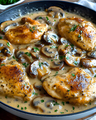 a pan of chicken with mushrooms and herbs on it Generative AI