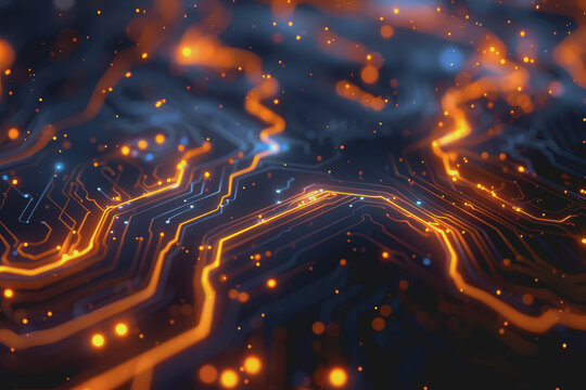 Futuristic circuit board layout Delicate crypto mining symbols Abstract digital landscape.