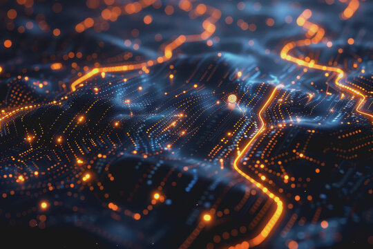 Futuristic circuit board layout Delicate crypto mining symbols Abstract digital landscape.