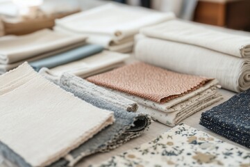 Fabric samples, textile scraps neatly laid out on a wooden table. Cozy atmosphere of a sewing workshop, textile store showroom with fabric samples in neutral light colors.