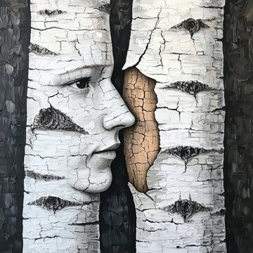 Artistic representation of two faces formed by birch tree bark, blending nature and human features.