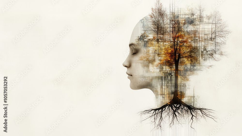 Poster double exposure portrait of serene profile with trees and roots, symbolizing nature and connection. 