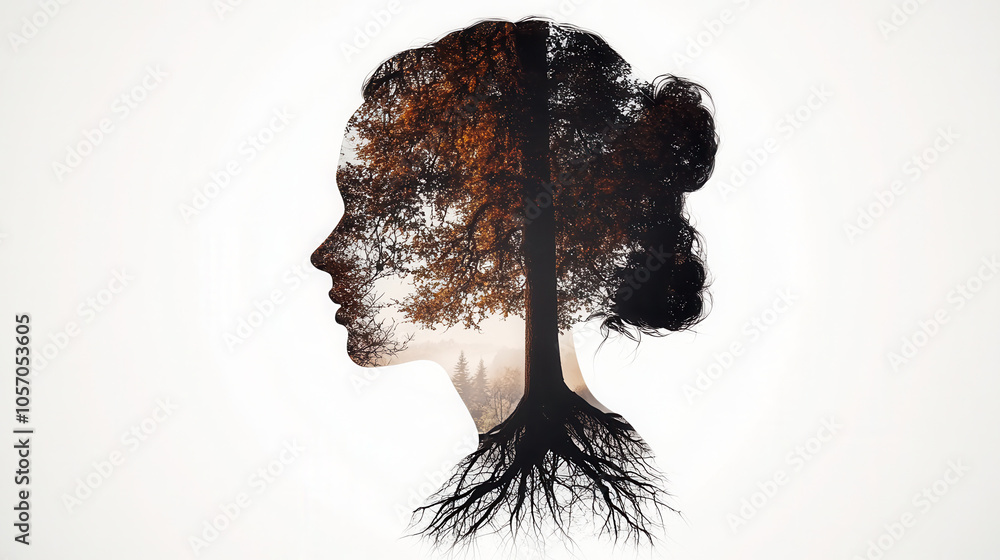 Poster double exposure image of joyful profile silhouette with trees and roots, symbolizing connection to n