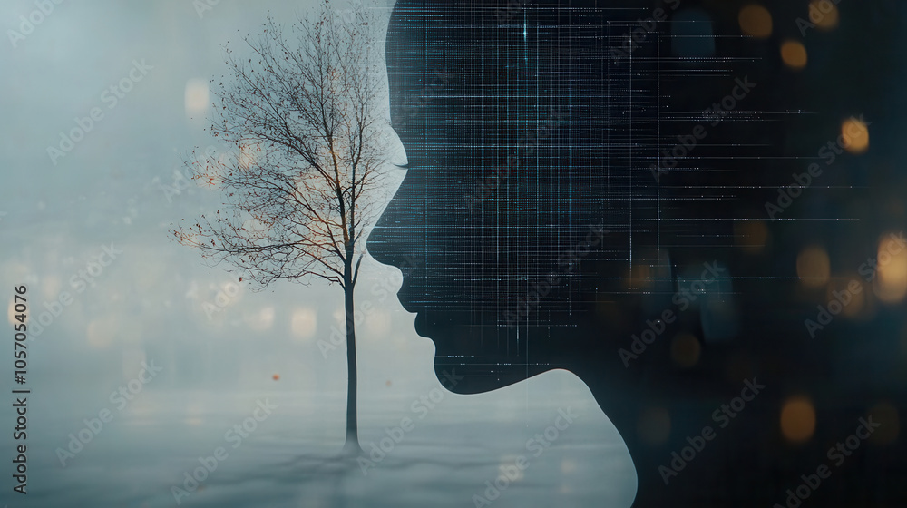 Poster double exposure image featuring nostalgic portrait profile with tree silhouette, blending nature and