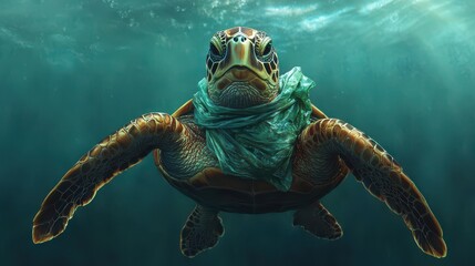 Obraz premium A sea turtle swims gracefully underwater, adorned with a scarf, highlighting the beauty and vulnerability of marine life.