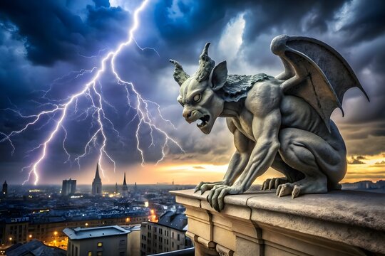 Gargoyle against stormy sky with lightning. Gothic horror