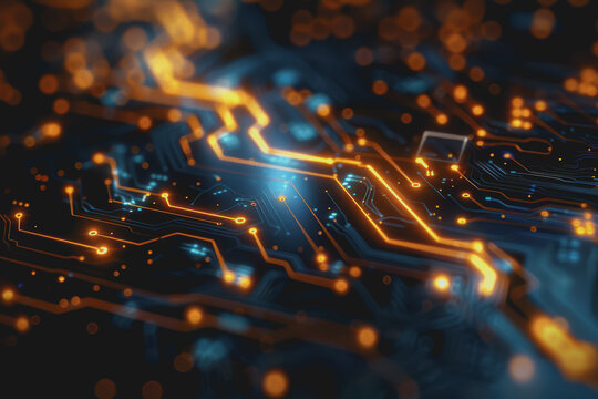 Futuristic circuit board layout Delicate crypto mining symbols Abstract digital landscape.