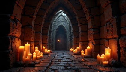 Obraz premium Mysterious candlelit hallway in an ancient stone building