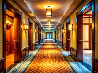 Elegant Empty Hotel Hallway with Open Doors and Windows Showcasing Stunning Interior Architecture Design