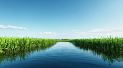 Obraz premium A tranquil landscape featuring a serene waterway bordered by lush green reeds under a bright blue sky.