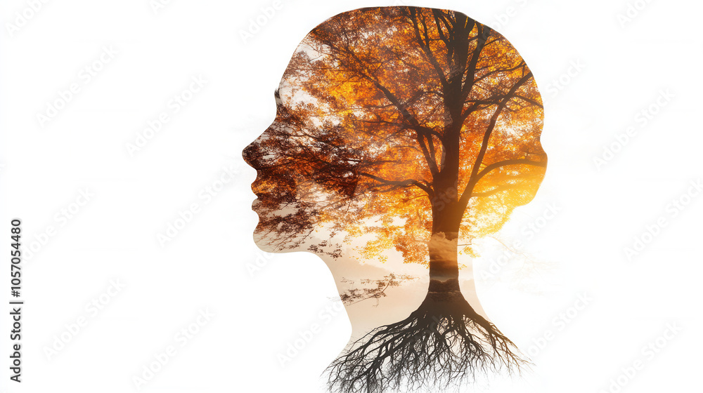 Poster double exposure image featuring reflective profile silhouette filled with autumn trees and roots, sy