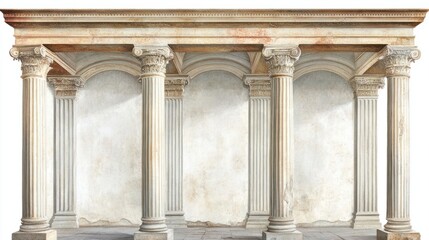 Fototapeta premium Vintage Roman mural wallpaper with intricate columns and fresco textures, perfect for elegant spaces, isolated on white