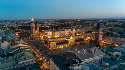 aerial view over central square of krakow in evening at sunset in poland