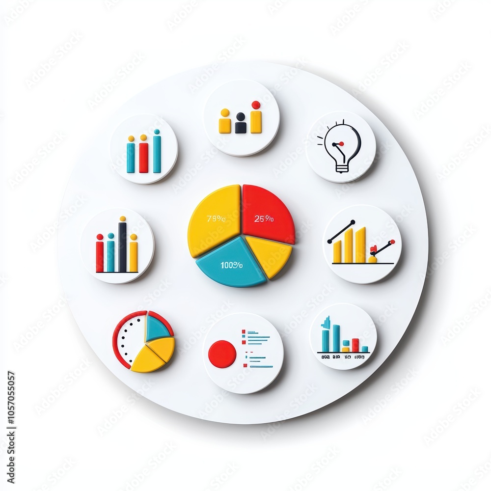 Poster colorful infographic elements on a circular platform for data visualization and analysis.