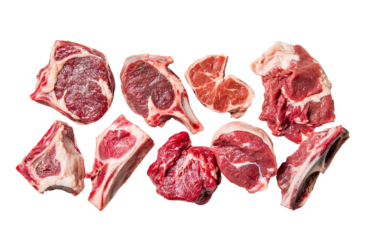 Various cuts of raw meat displayed on a white background.
