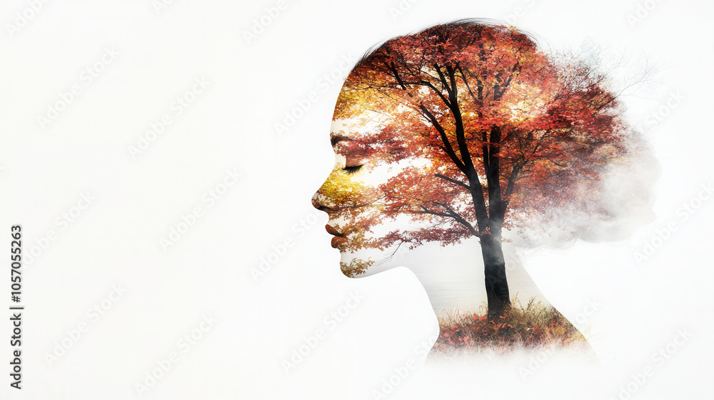 Poster double exposure portrait featuring serene profile with autumn trees. blend of nature and human form 