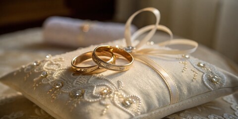 Elegant Golden Wedding Rings on a Decorative Pillow - Bridal Accessories and Love Symbolism