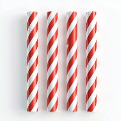 Obraz premium Colorful red and white striped paper straws, perfect for festive drinks, isolated on a white background.