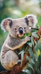 Fototapeta premium Intimate wildlife portrait captures endearing koala bear peacefully munching eucalyptus leaves while perched on natural tree branch showcasing australian marsupial daily behavior