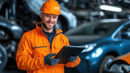 A mechanic wearing an orange uniform and hard hat smiles while using a tablet in a bustling automotive workshop filled with various cars in the background