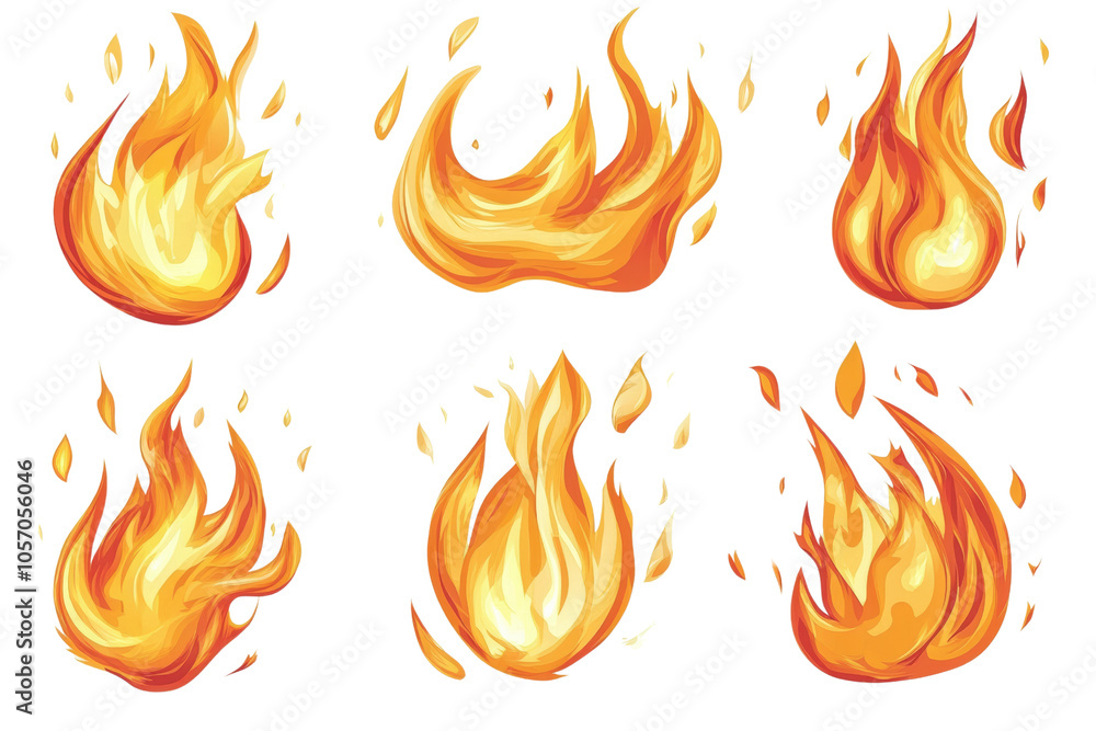 Poster vibrant collection of colorful flame graphics for creative projects, isolated on a white background.
