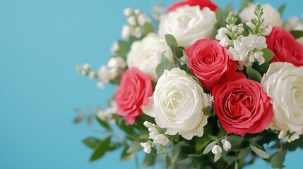 Naklejka premium Romantic Bouquet of White and Pink Roses on Blue Background
