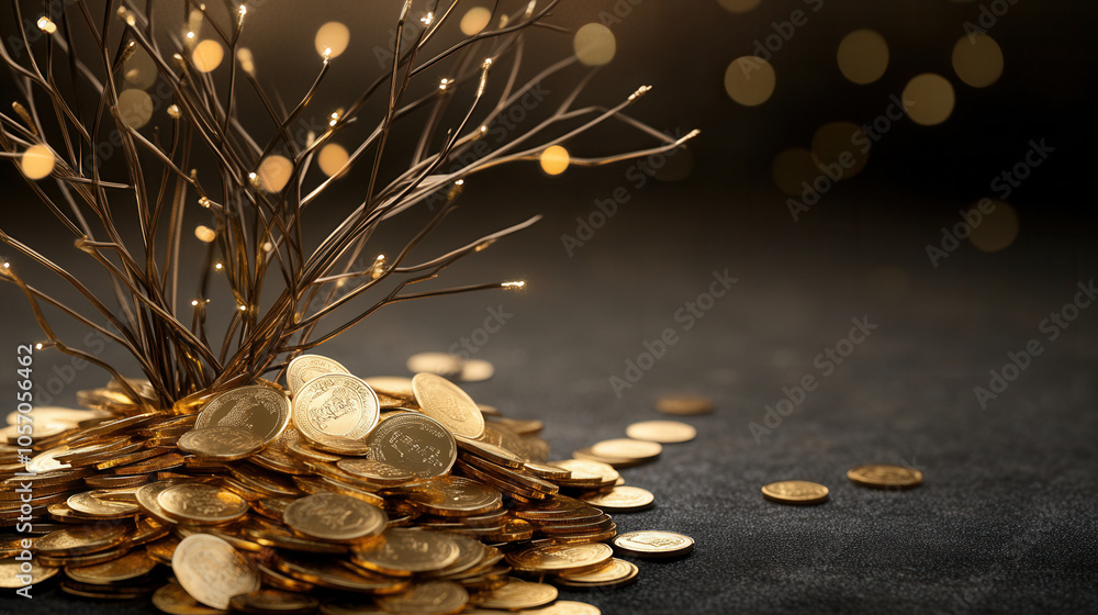 Poster golden tree made of branches with lights grows from pile of coins, symbolizing wealth and prosperity