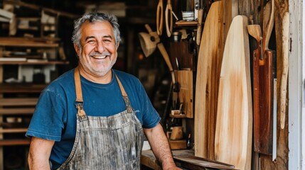 In a vibrant workshop bustling with creativity, a skilled carpenter beams with pride while showcasing his beautifully crafted wooden pieces, reflecting his dedication to craftsmanship