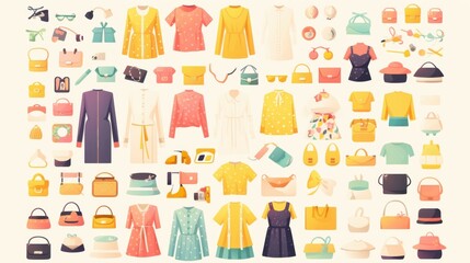 Illustration, clip art of clothes, clothing, beautifully arranged, bright colors, cute style, designed for use in design, advertising and presentation.