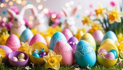 Colorful Easter eggs on green grass with Easter bunnies, daffodils and spring flowers in the background. Easter greeting card