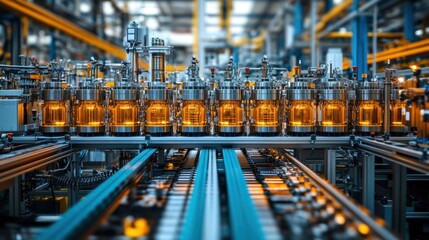 Fototapeta premium Team of workers assembling complex machinery in a factory, illustrating teamwork and precision in industrial manufacturing