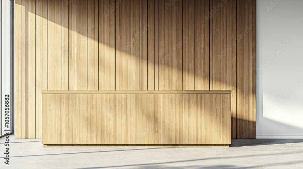Poster a sleek wooden reception desk stands alone in a bright, minimalist space. sunlight streams through l